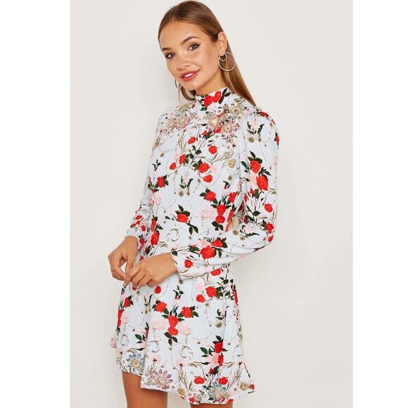 TOPSHOP Rose Print Embellished Evening Cocktail Mini Dress S NEW - Picture 1 of 13